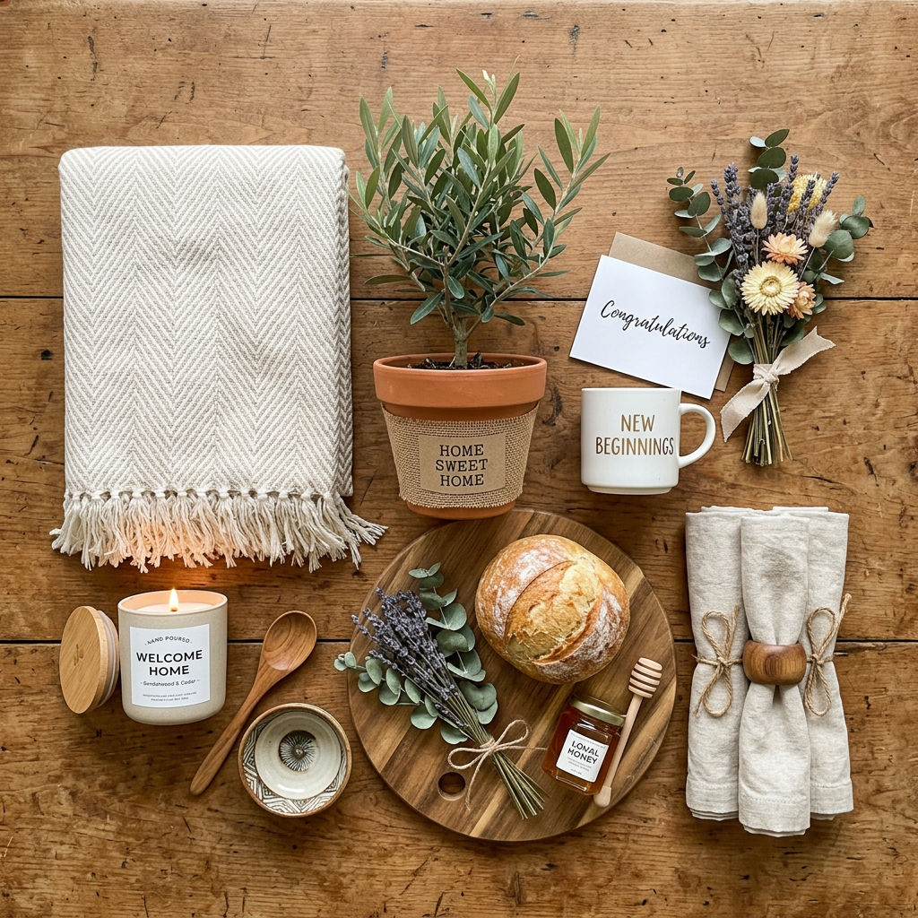 Welcome home gift set including a blanket, potted plant, congratulations card, mug, loaf of bread, honey jar, candle, and flowers on a wooden surface